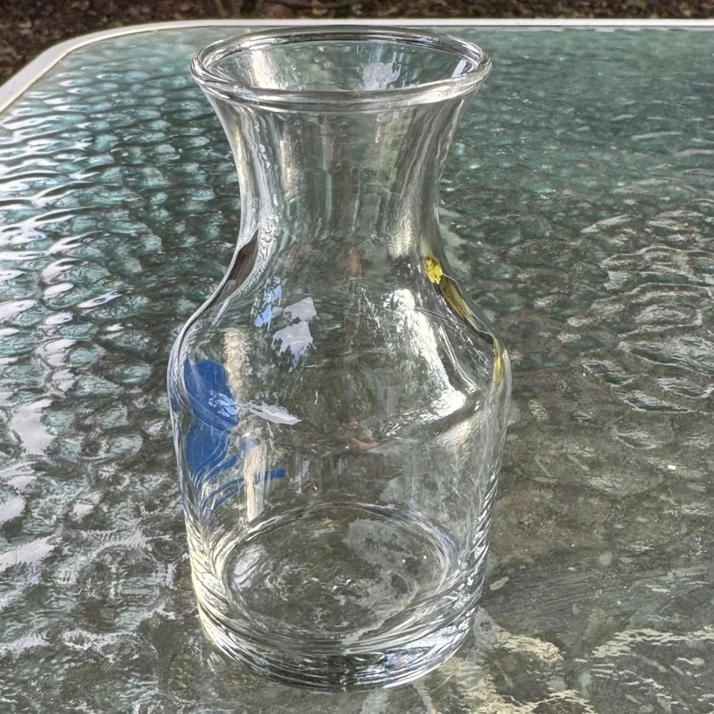 Vintage Clear Glass Carafe Bud Vase Blue Face Profiles Graphic Small Decanter
